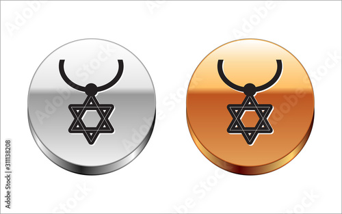 Black line Star of David necklace on chain icon isolated on white background. Jewish religion symbol. Symbol of Israel. Jewellery and accessory. Silver-gold circle button. Vector Illustration