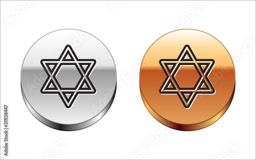 Black line Star of David icon isolated on white background. Jewish religion symbol. Symbol of Israel. Silver-gold circle button. Vector Illustration