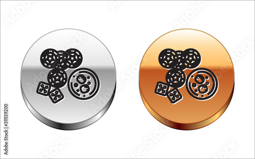 Black line Casino chips, game dice and glass of whiskey with ice cubes icon isolated on white background. Casino poker. Silver-gold circle button. Vector Illustration