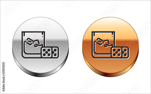 Black line Game dice and glass of whiskey with ice cubes icon isolated on white background. Casino gambling. Silver-gold circle button. Vector Illustration