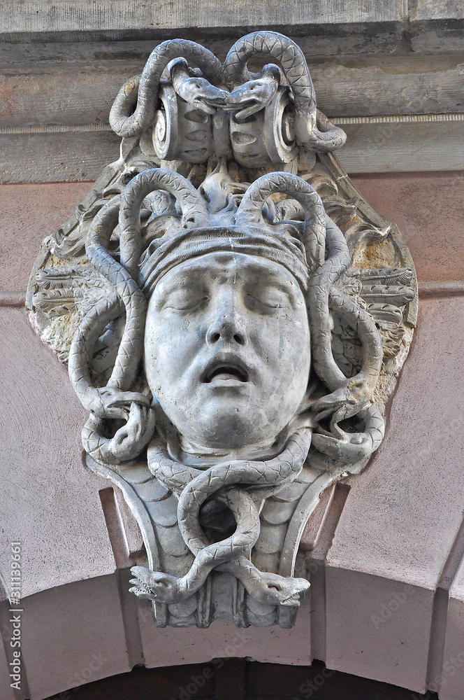 Keystone above the archs of the Zeughaus (old Arsenal) in Berlin, on the Boulevard Unter den Linden. Built by Brandenburg Elector Frederick III. The keystones were executed by artist Andreas Schlüter.