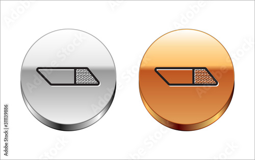 Black line Eraser or rubber icon isolated on white background. Silver-gold circle button. Vector Illustration
