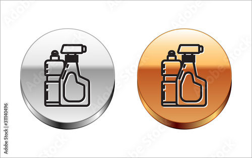 Black line Plastic bottles for liquid laundry detergent, bleach, dishwashing liquid or another cleaning agent icon isolated on white background. Silver-gold circle button. Vector Illustration