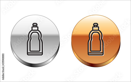 Black line Plastic bottle for liquid laundry detergent, bleach, dishwashing liquid or another cleaning agent icon isolated on white background. Silver-gold circle button. Vector Illustration