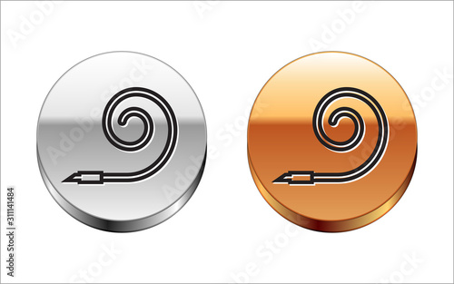 Black line Birthday party horn icon isolated on white background. Silver-gold circle button. Vector Illustration