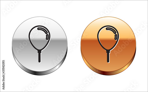 Black line Balloon with ribbon icon isolated on white background. Silver-gold circle button. Vector Illustration
