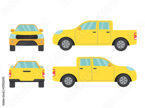 Set of yellow pickup truck car view on white background,illustration vector,Side, front, back