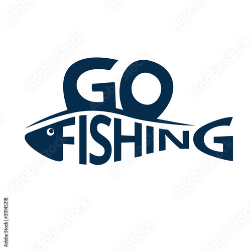 Fishing logo, emblem isolated on white background. Lettering fishing shaped like a fish. Design element. Vector illustration.