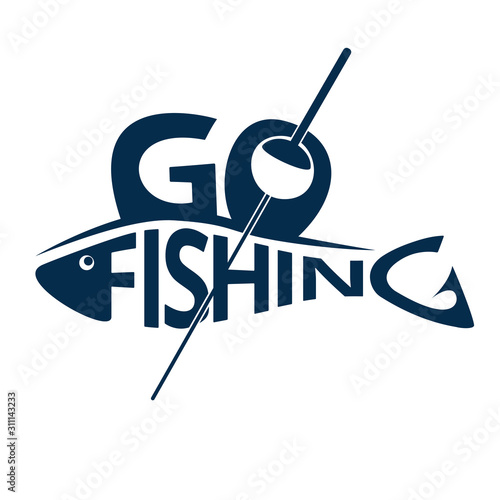 Fishing logo, emblem isolated on white background. Lettering fishing shaped like a fish. Design element. Vector illustration.