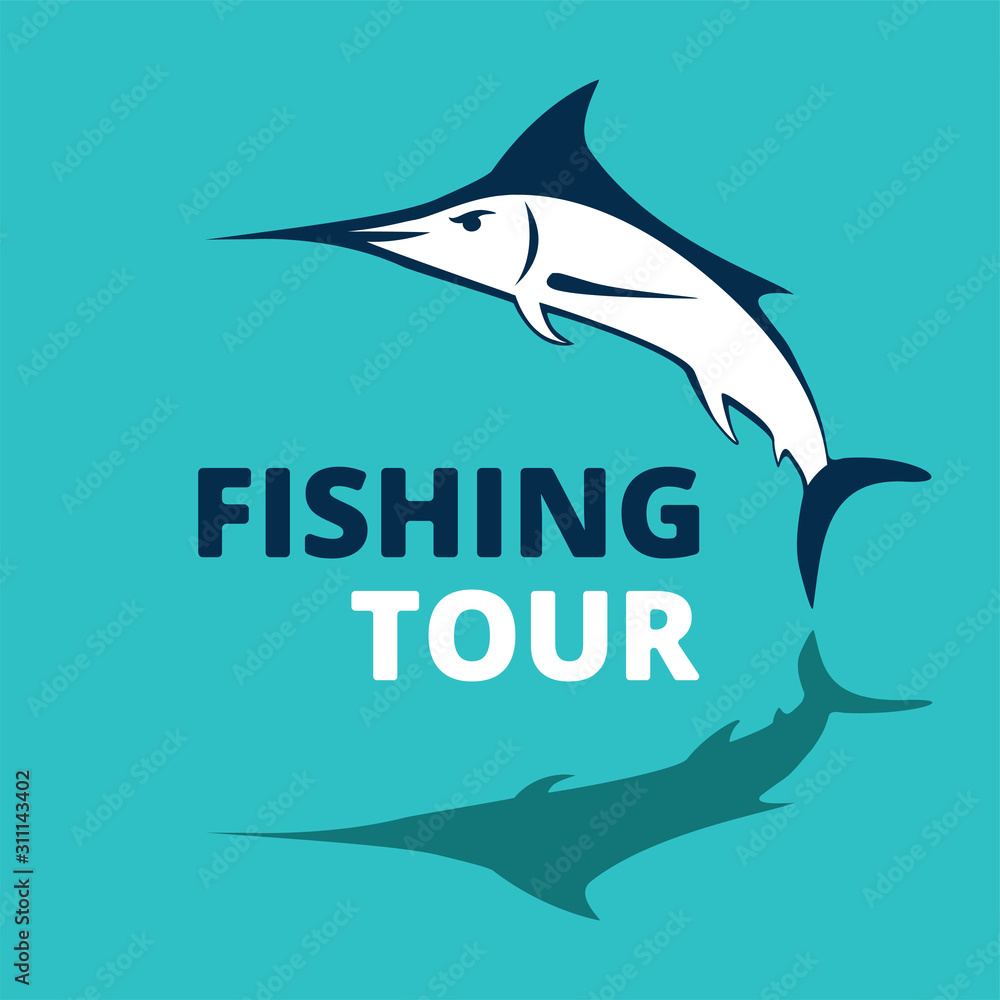 Obraz premium Marlin fish logo. Swordfish fishing emblem. Angry marlina. Design elements for fisherman club or tournament. Big game hunting. Vector illustration.