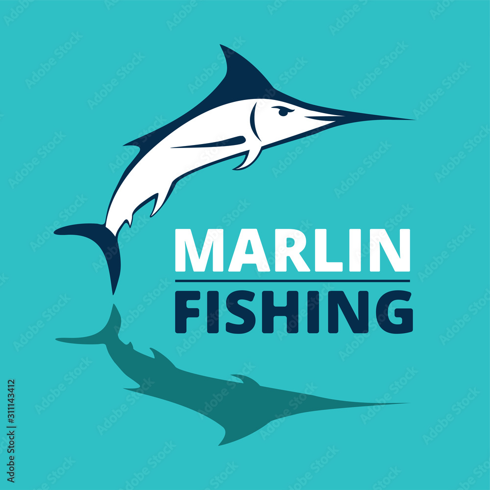Marlin fish logo. Swordfish fishing emblem. Angry marlina. Design elements  for fisherman club or tournament. Big game hunting. Vector illustration. Stock  Vector