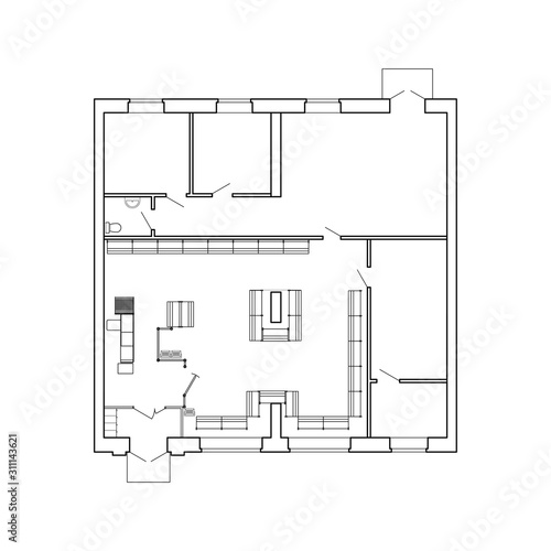 Modern food shop interior with furniture. Vector blueprint. Architectural background. 