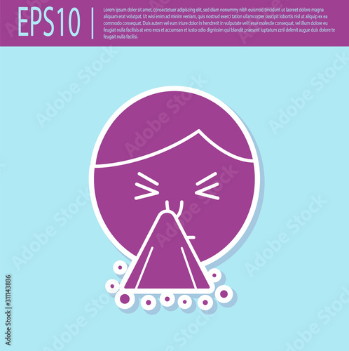 Retro purple Man holding handkerchief or napkin to his runny nose icon isolated on turquoise background. Coryza desease symptoms. Vector Illustration