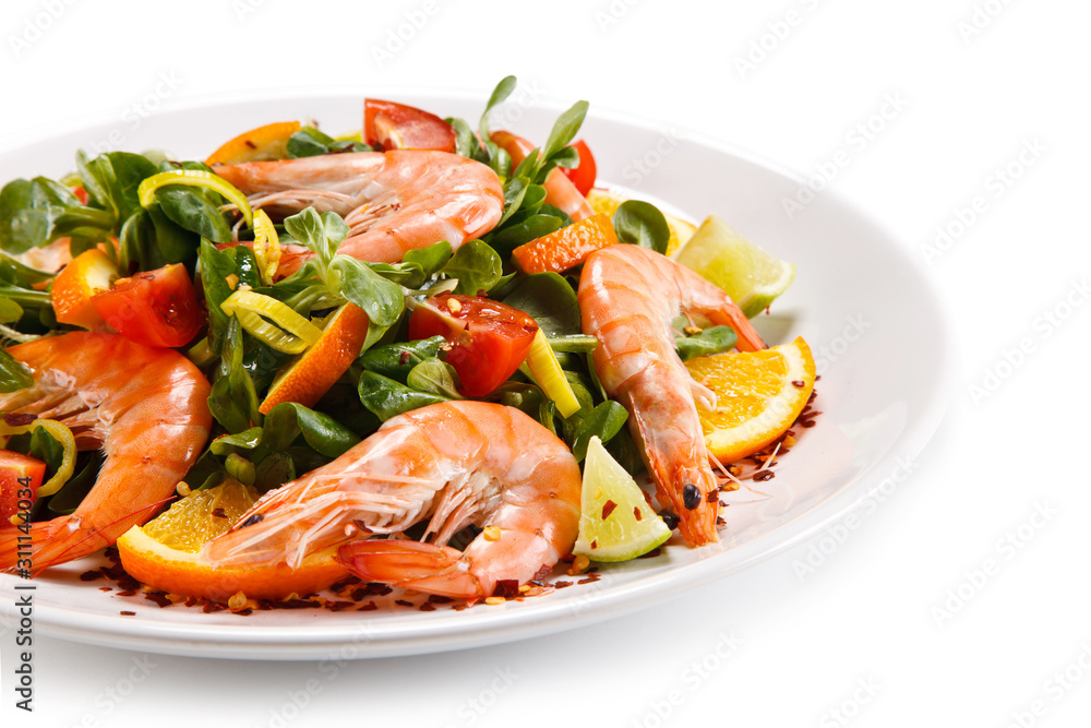 Prawns with vegetables on white background Prawns with vegetables on white background
