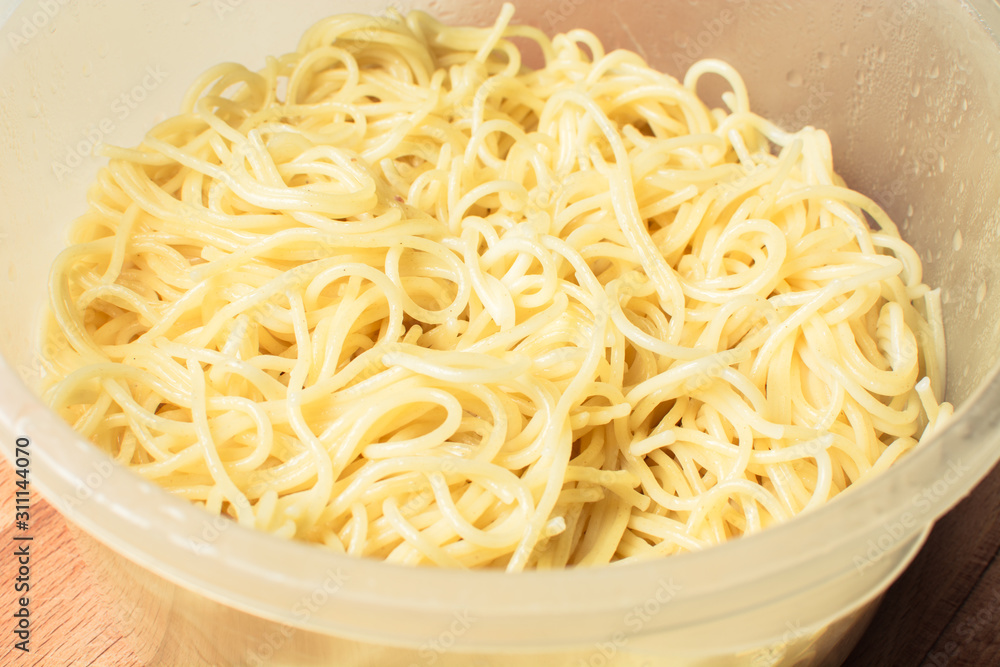 Long spaghetti after cooking in an eggplant. Long spaghetti after cooking in an eggplant.