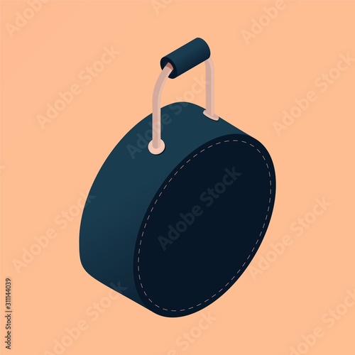 Round shape handbag in isometric style. Vector concept illustration with black bag on peach background
