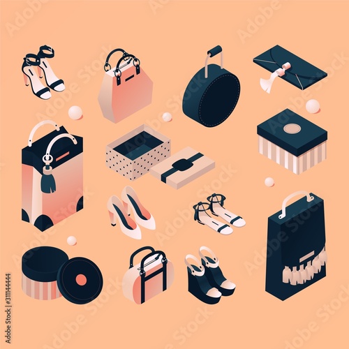 Fashion isometric collection of women accessories and package. Handbags, clutch, shoes and sandals in nude beige and dark blue colors on peach background. Vector isolated set good for boutique and web