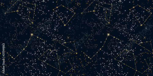 Starry night sky seamless pattern. Magic space print. Stars and constellations on a dark background. Cosmos texture, template for web design, Wallpaper, backdrops, covers, printing.... Vector. photo