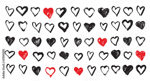 Valentine's day. Big set grunge hearts. Hand drawn illustration