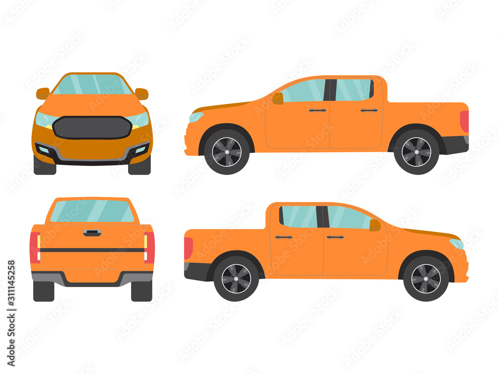 Set of orange pickup truck car view on white background,illustration vector,Side, front, back