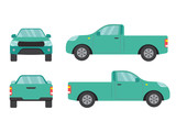 Set of green pickup truck single cab car view on white background,illustration vector,Side, front, back
