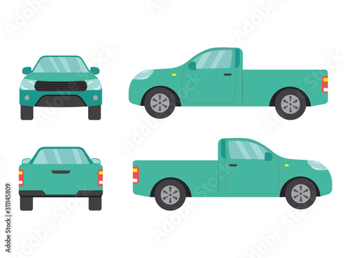 Set of green pickup truck single cab car view on white background,illustration vector,Side, front, back