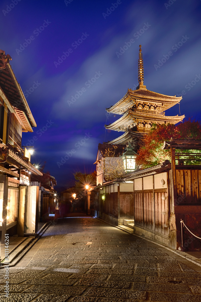 Kyoto, Japan - November 24, 2019: View of Yasaka-no-to pagoda or Hokanji temple at twilight sky in Hagashiyama district, Kyoto, Japan Kyoto, Japan - November 24, 2019: View of Yasaka-no-to pagoda or Hokanji temple at twilight sky in Hagashiyama district, Kyoto, Japan