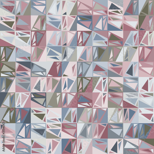 Broken triangle angle shards in a square grid. Funky stylized graphical motif for scrapbook or surface design. Seamless repeat vector pattern swatch.