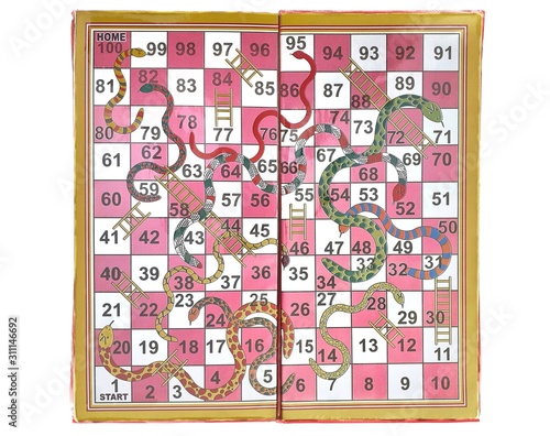 Ludo snake board isolated on white background. Ludo is a strategy board game for two to four players but snake can be played by multiple players.