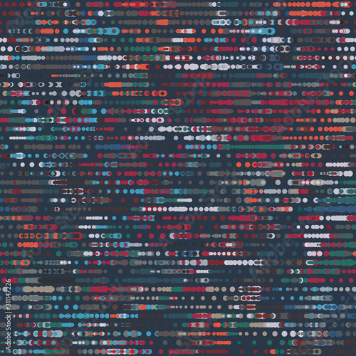Hip funky techno circles in rows. Hightech coded data moody camo effect seamless repeat vector pattern swatch.