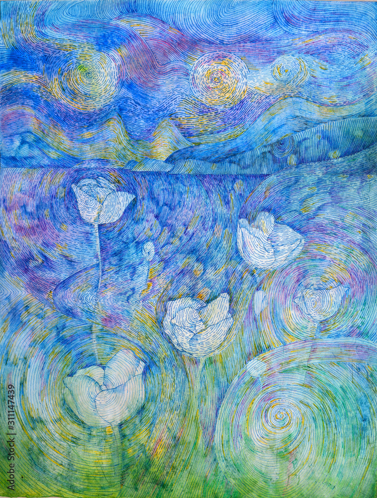 White poppies on a blue background. Graphics and watercolor. Hand drawing. Abstraction.