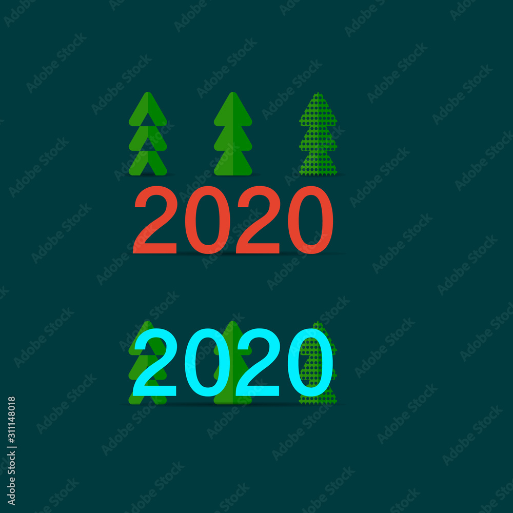 Fototapeta premium Vector illustration. New year 2020 green fir trees