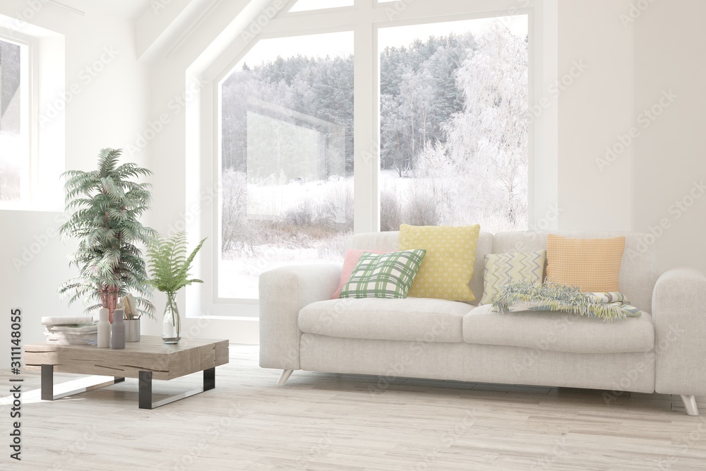 Fototapeta premium Stylish room in white color with sofa and summer landscape in window. Scandinavian interior design. 3D illustration
