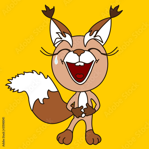 ha-ha emoticon with a funny laughing laugh squirrel that stands and holds on to his stomach from nicker, color emoji on yellow isolated background