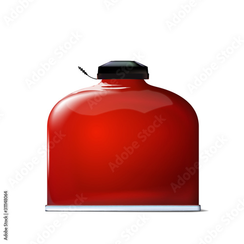 Tourist red gas bottle for Mobile kitchen. Portable 3d realistic mockup. Mini, cooking in nature. Isolation on white background. Vector illustration design picnic, fishing, hunting