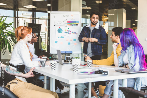 Group of multi ethnic executives discussing during a meeting. Business man and woman sitting around table at office and smiling. A team of young creative designers