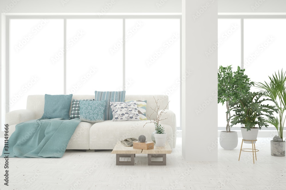 Stylish room in white color with sofa. Scandinavian interior design. 3D illustration Stylish room in white color with sofa. Scandinavian interior design. 3D illustration