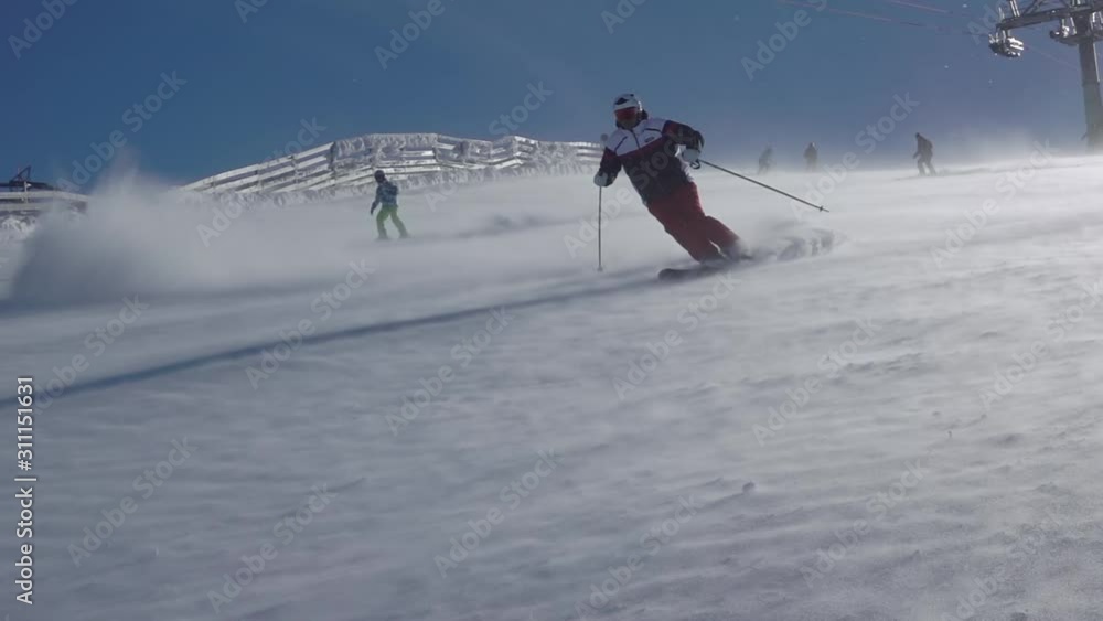 Snowstorm, Skier and Snow Dust. Slow Motion Snowstorm, Skier and Snow Dust. Slow Motion