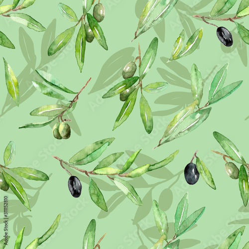 Seamless pattern with watercolor leaves and olive fruits. Print for textiles.