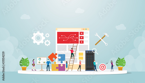 system integration information technology with engineer and server database maintenance with modern flat style - vector