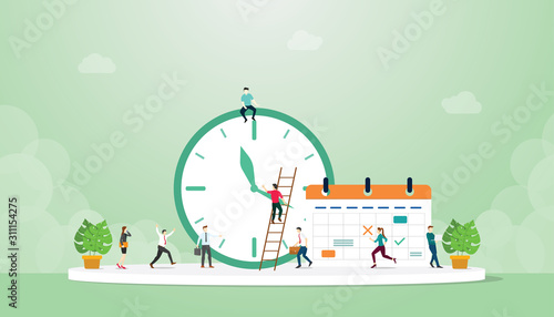 deadline concept with clock and calendar with team people work together with modern flat style - vector
