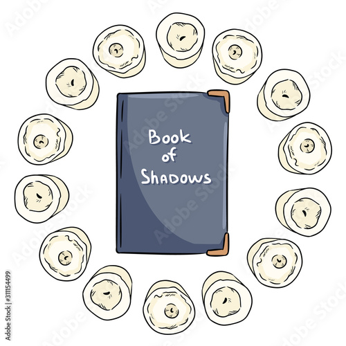 Book of Shadows witchcraft notebook doodle in a circle of white candles. Wiccan altar setting. Hand drawn wicca design. Isolated on white background lineart illustration