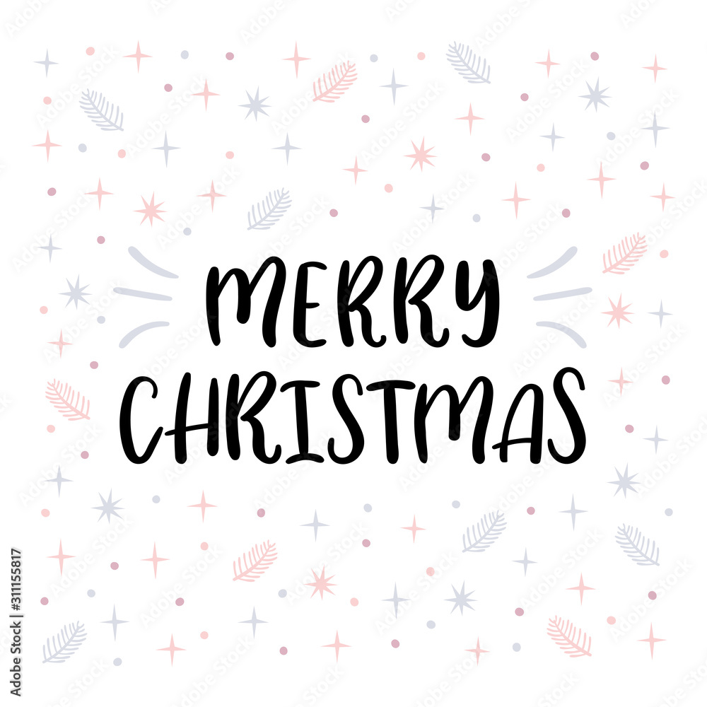 Merry Christmas. Christmas greeting card with handwritten calligraphy and hand drawn elements. Design for holiday greeting card, poster, banner