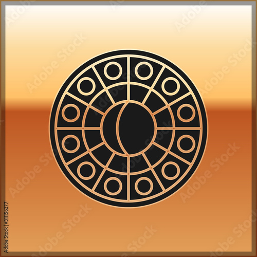 Black Astrology horoscope circle with zodiac icon isolated on gold background. Vector Illustration