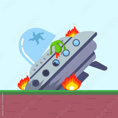 UFO crashed on the ground. dead alien. flat vector illustration.
