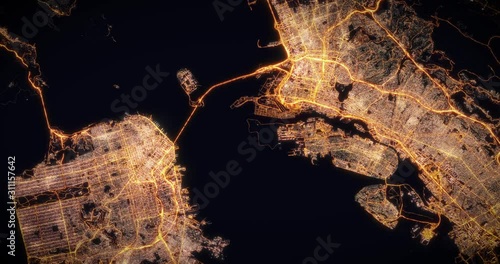 Aerial night view of city of San Francisco, USA. Traffic and street light glowing. Camera flying high above, moving higher away and rotating from space filming cinematic straight down. 3d animation.