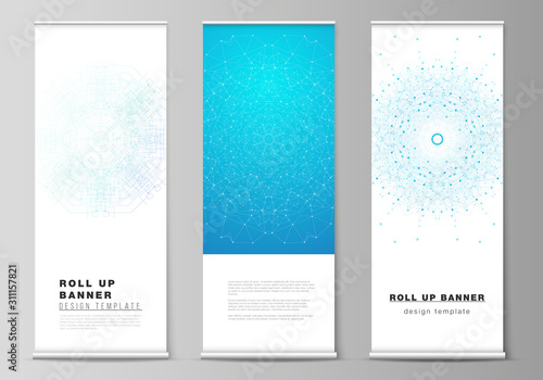 The vector layout of roll up banner stands, vertical flyers, flags design business templates. Big Data Visualization, geometric communication background with connected lines and dots.