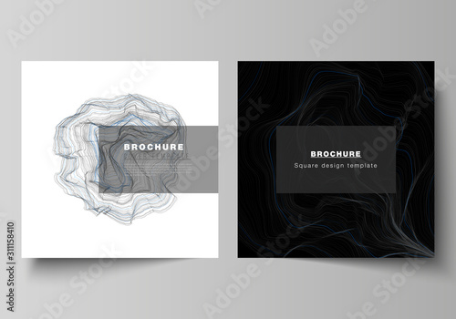 The minimal vector illustration of editable layout of two square format covers design templates for brochure, flyer, magazine. Smooth smoke wave, hi-tech concept black color techno background.