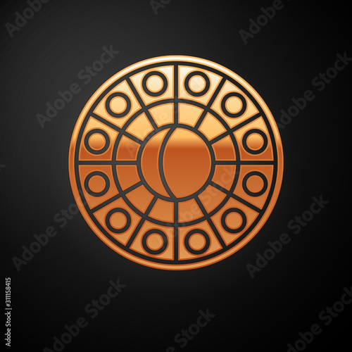 Gold Astrology horoscope circle with zodiac icon isolated on black background. Vector Illustration