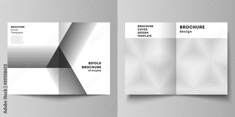 Vector layout of two A4 format modern cover mockups design templates for bifold brochure, magazine, flyer, booklet. Abstract geometric triangle design background using triangular style patterns. Vector layout of two A4 format modern cover mockups design templates for bifold brochure, magazine, flyer, booklet. Abstract geometric triangle design background using triangular style patterns.
